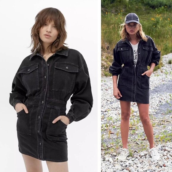 NEW Free People Bo Black Denim Button Front Mini Dress Preppy Academia Neutral - Picture 1 of 7